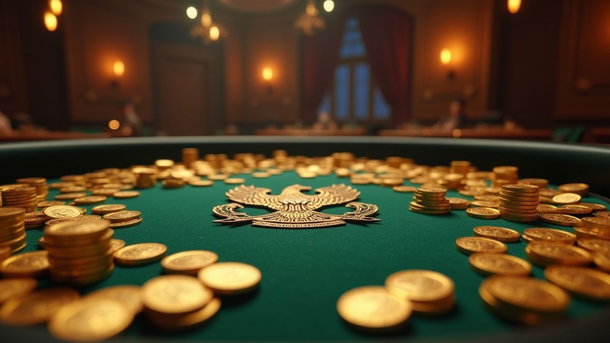 Pokertafel omringd door gouden munten en een adelaar-embleem.