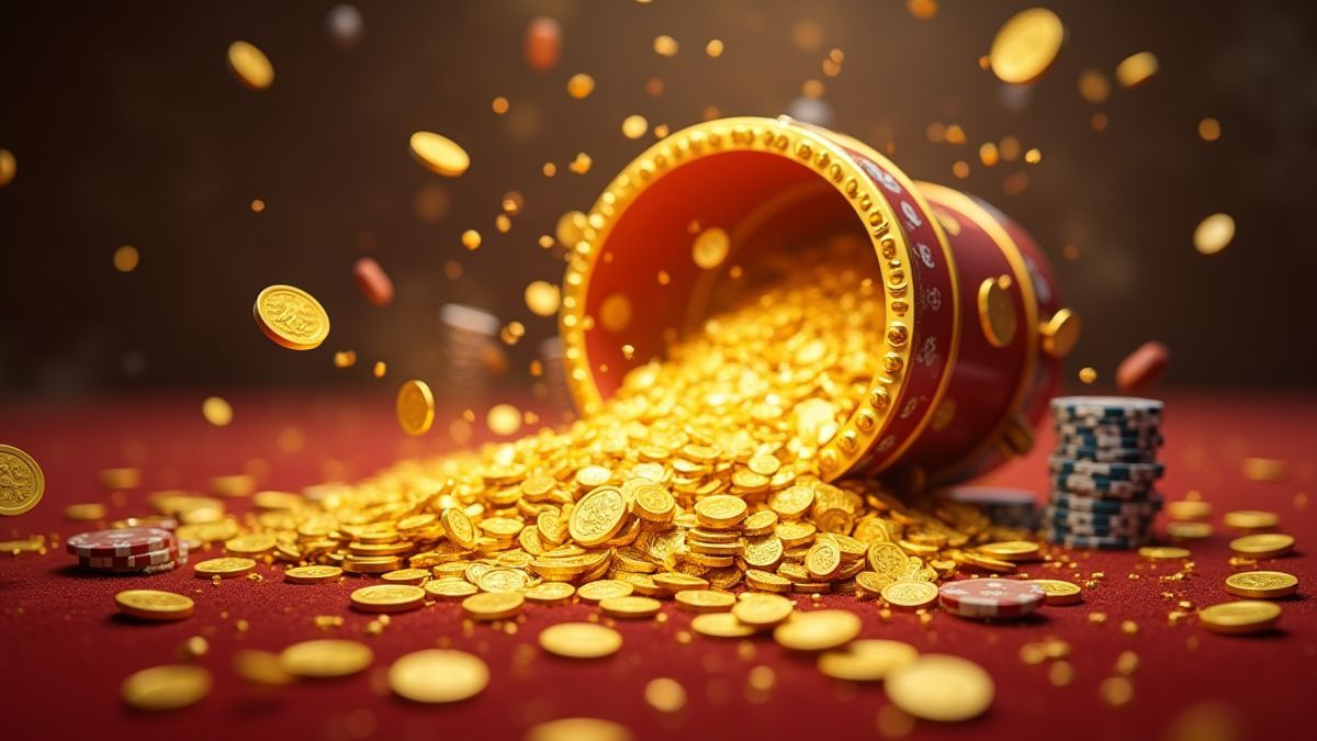 Jackpot vol met gouden munten en pokertokens.