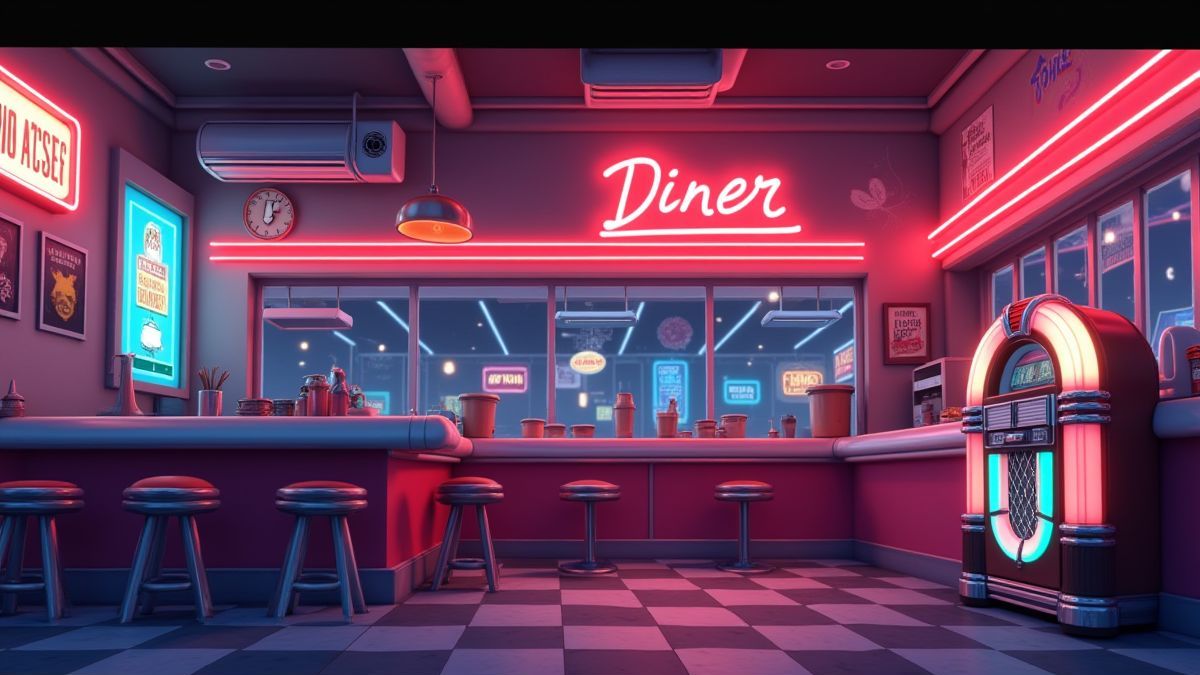 Illustration eines Retro-Diners mit Neonlichtern und einem Jukebox.