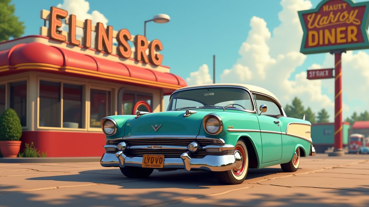 Ein klassisches amerikanisches Auto, das vor einem Retro-Diner geparkt ist.