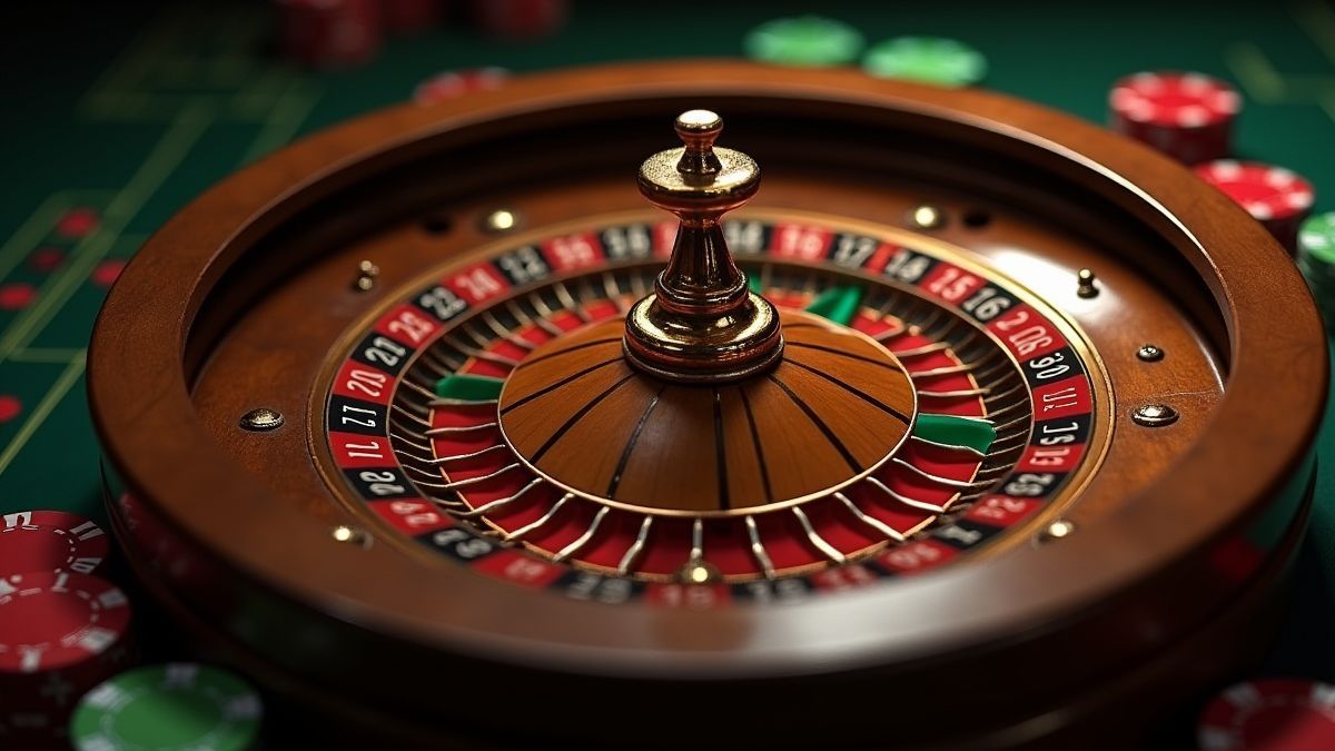 Rueda de ruleta con números y fichas alrededor