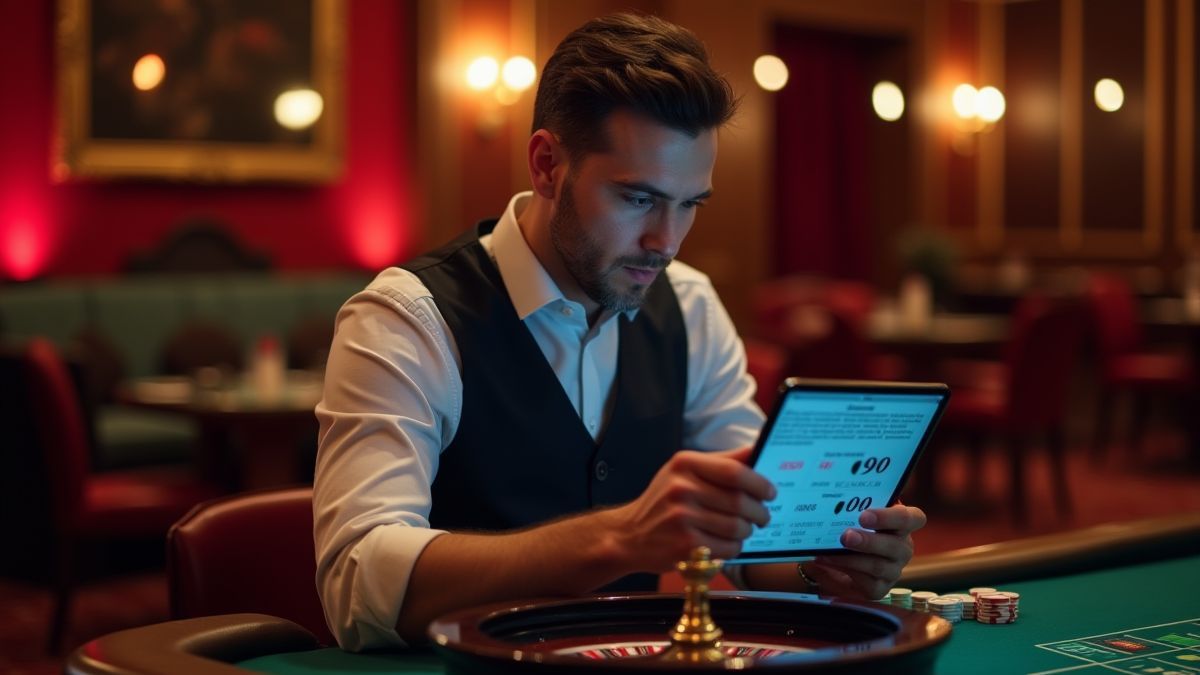 Jugador revisando estadísticas de ruleta en un casino