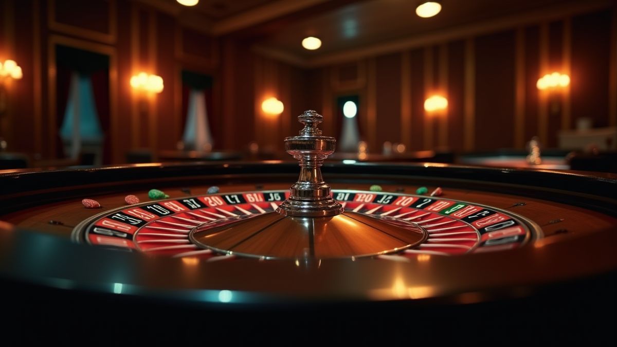 An elegant casino with a roulette table and chips.