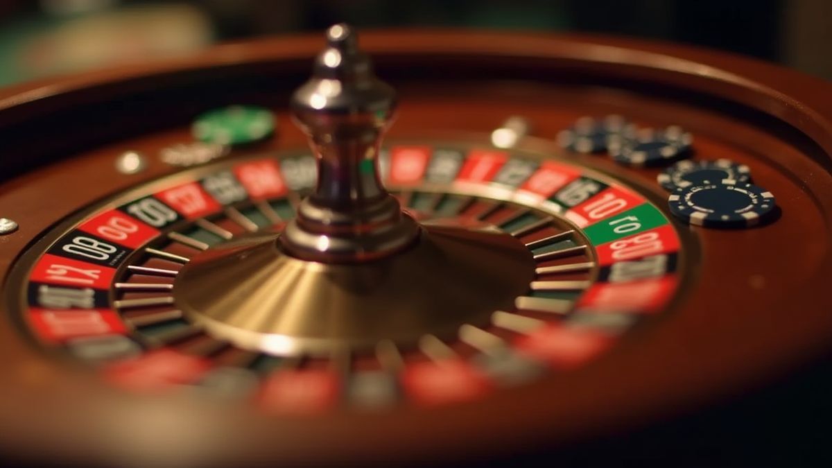 Roulette wheel spinning with chips around.