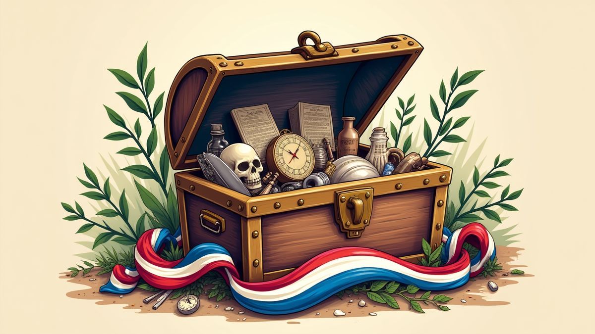 Un cofre lleno de artefactos históricos y decorado con cintas patriotas.