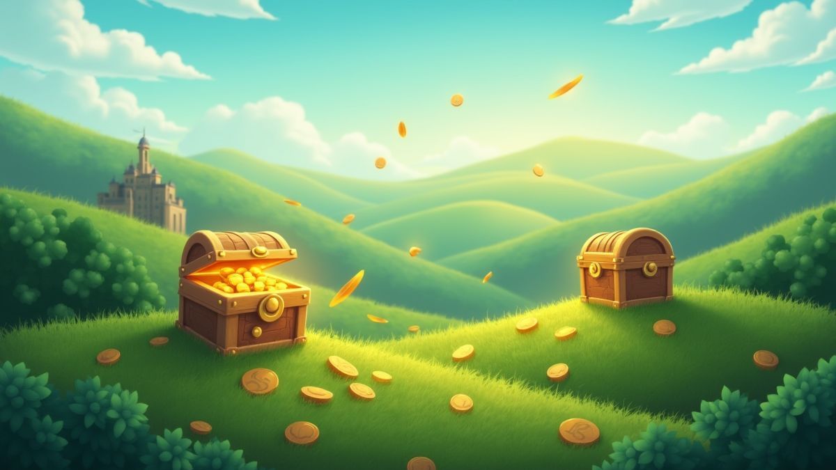 Paisaje de colinas verdes con cofres del tesoro y monedas de oro esparcidas.