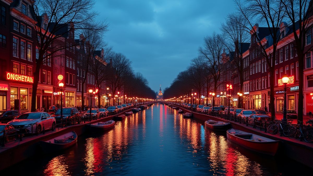 Canal de Ámsterdam al anochecer con reflejos de luces de neón.