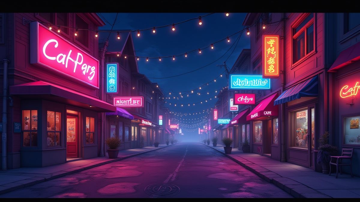 Calle iluminada con luces de neón y letreros de cafeterías.
