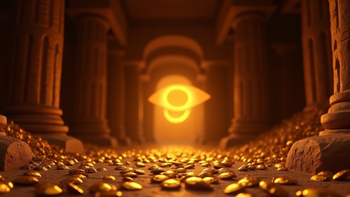 Escarabajos dorados y ojos de Horus en una tumba egipcia