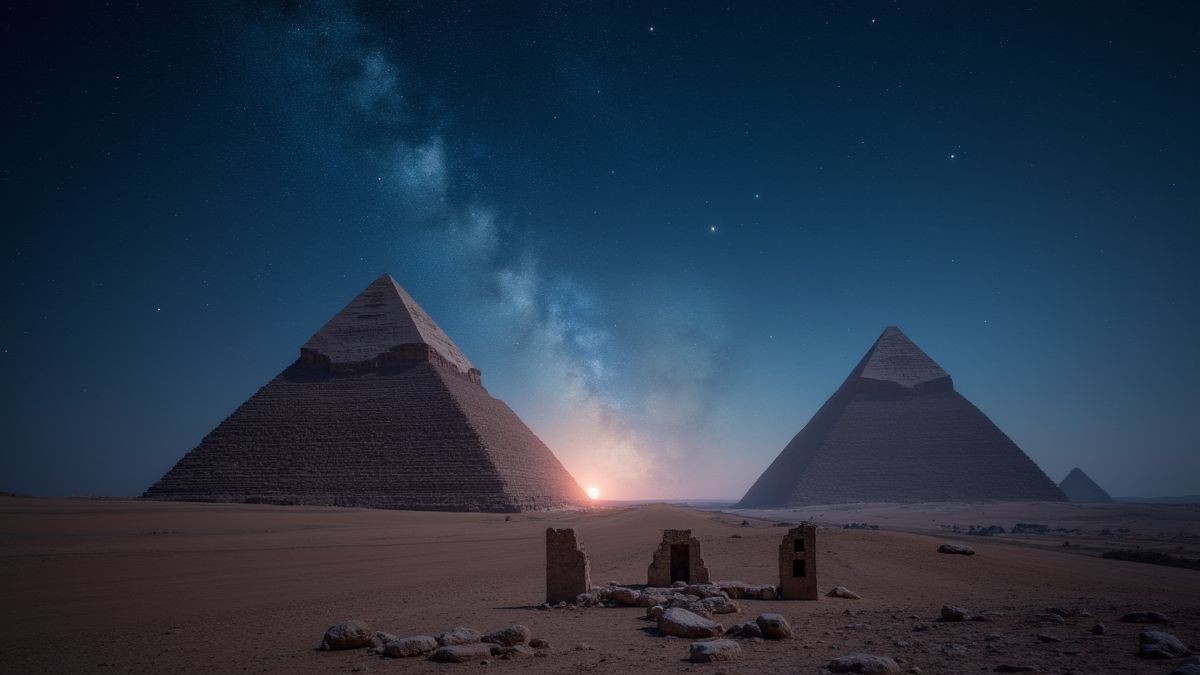 Paisaje desértico misterioso con pirámides y ruinas antiguas bajo un cielo estrellado.