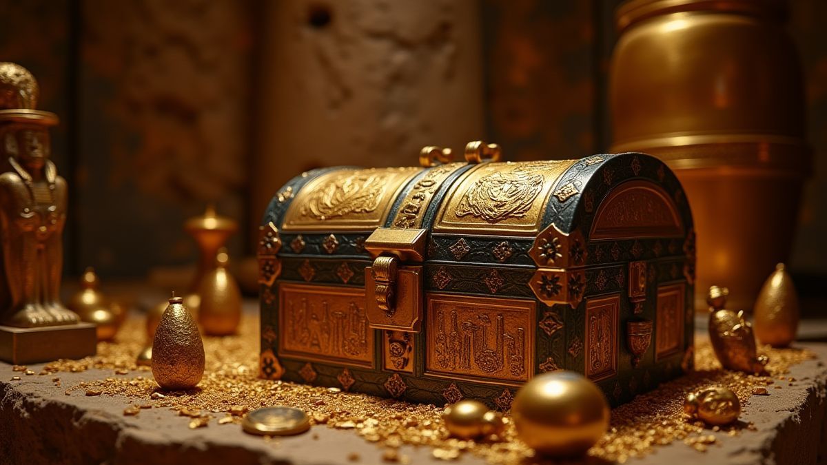 Un cofre del tesoro en una tumba egipcia lleno de artefactos dorados.