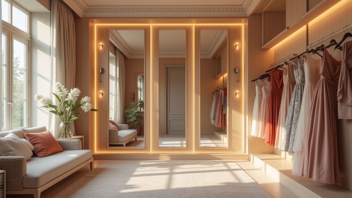 Un vestidor élégant avec des miroirs et des robes