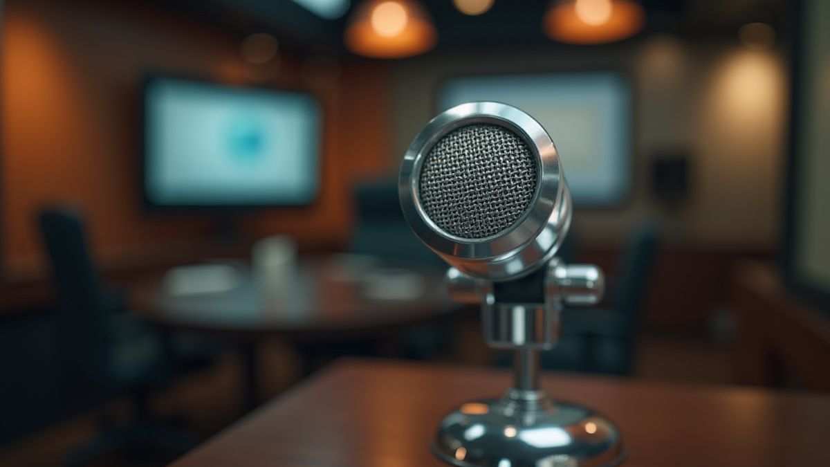 Microphone rétro dans un set de nouvelles animé.