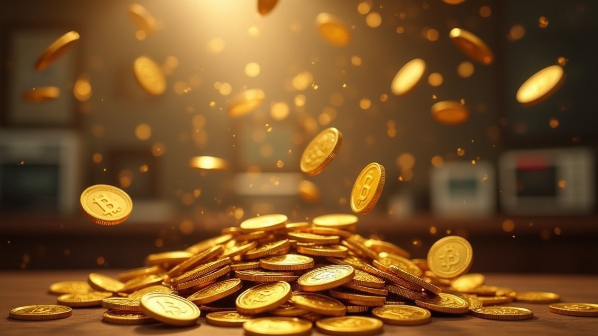 Monnaies dorées tombant dans un set de nouvelles rétro.