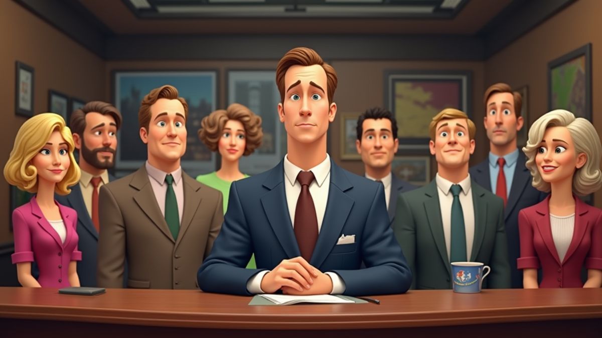 Personnages animés ressemblant à l'équipe du film Anchorman dans un set de nouvelles.