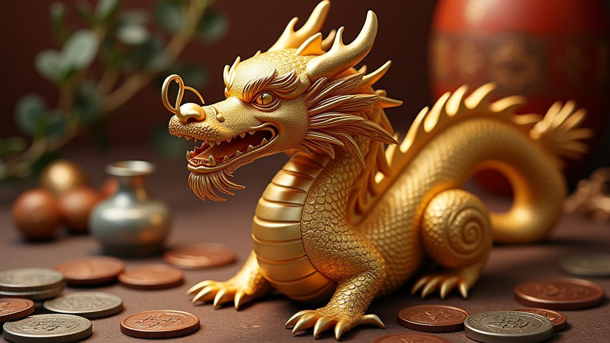 Gouden draak met oude Chinese artefacten en munten.