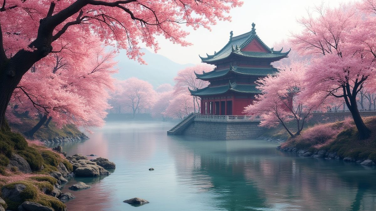 Chinees tempel omgeven door kersenbomen en een stromende rivier.