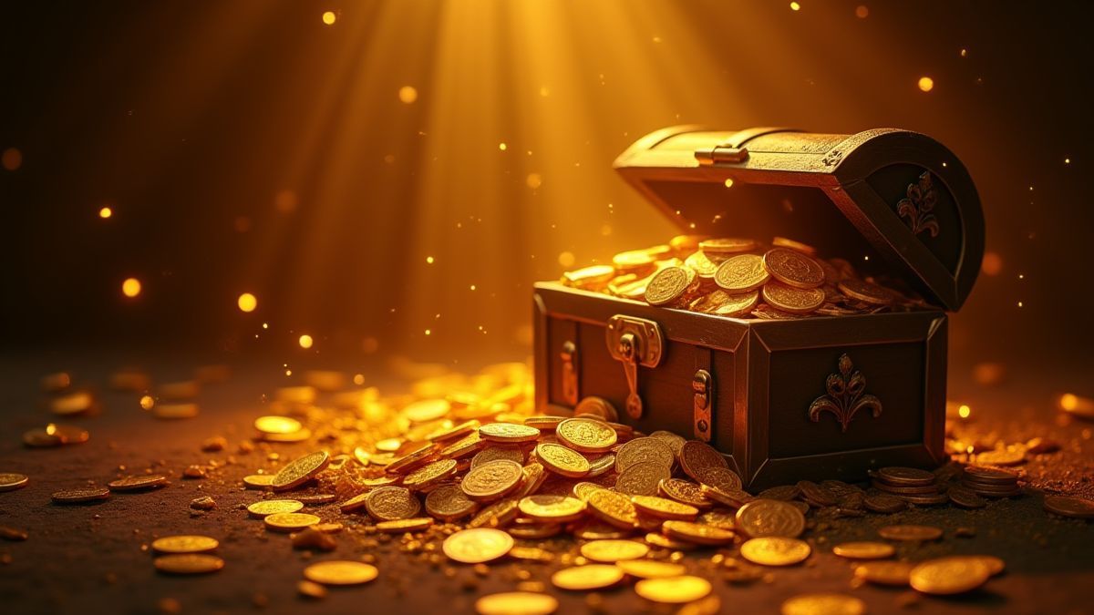 Moedas douradas e tesouros saindo de um baú antigo.