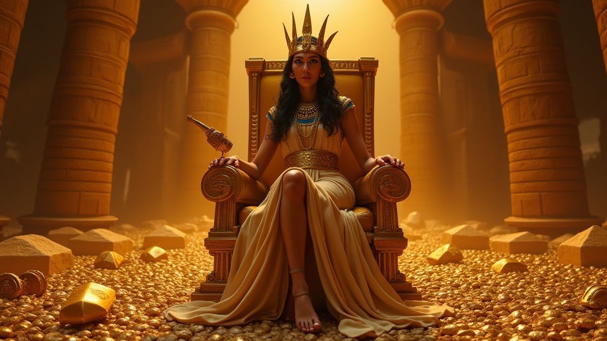 Cleopatra op haar gouden troon omringd door schatten en piramides.