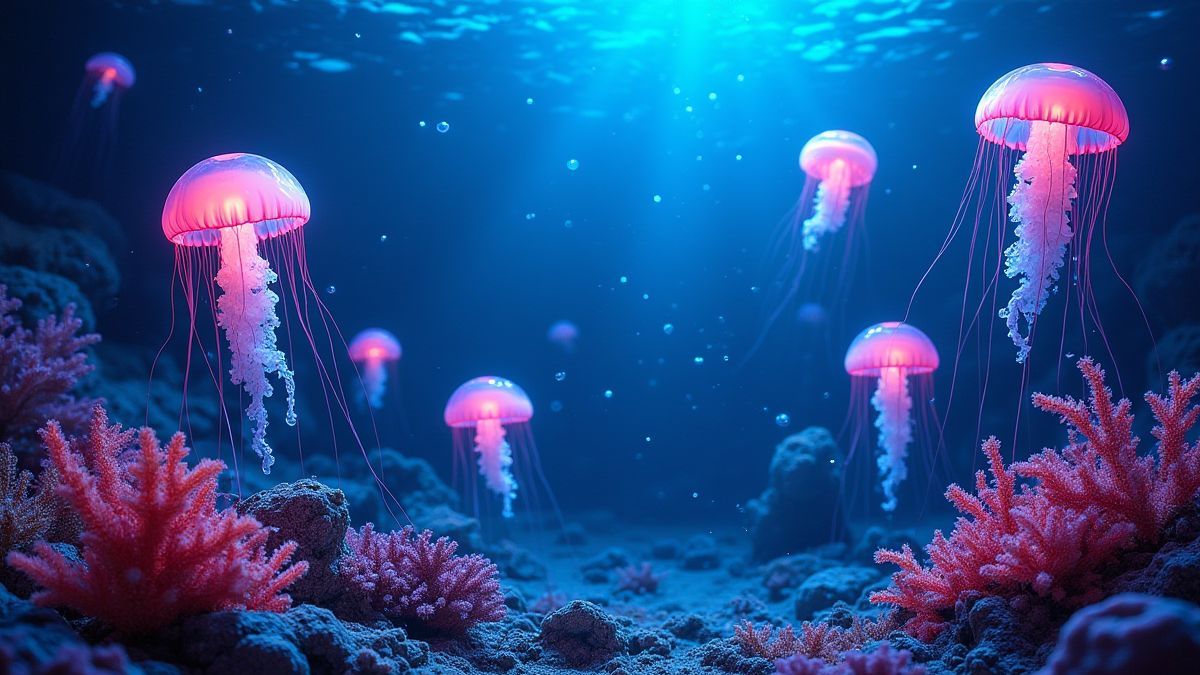 Medusas brillantes en un arrecife de coral submarino.