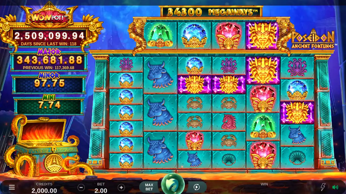 Juego base de la tragamonedas Ancient Fortunes Poseidon WowPot Megaways
