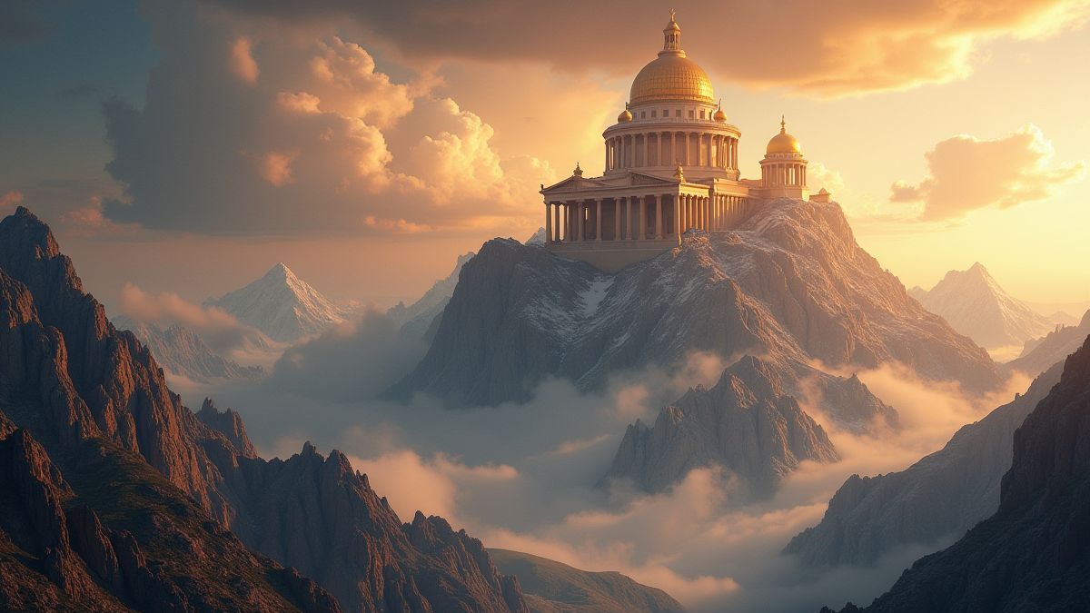 Monte Olimpo mit goldenen Tempeln und dramatischem Himmel.
