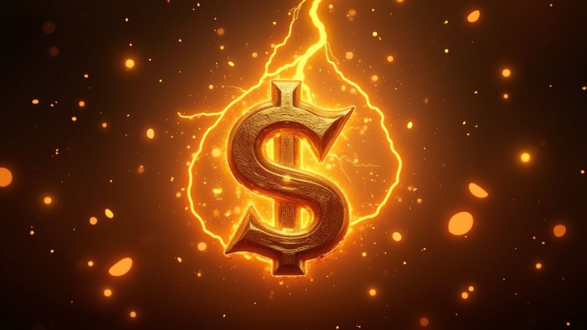 Goldene Symbole in Kaskade mit Blitzeffekten.