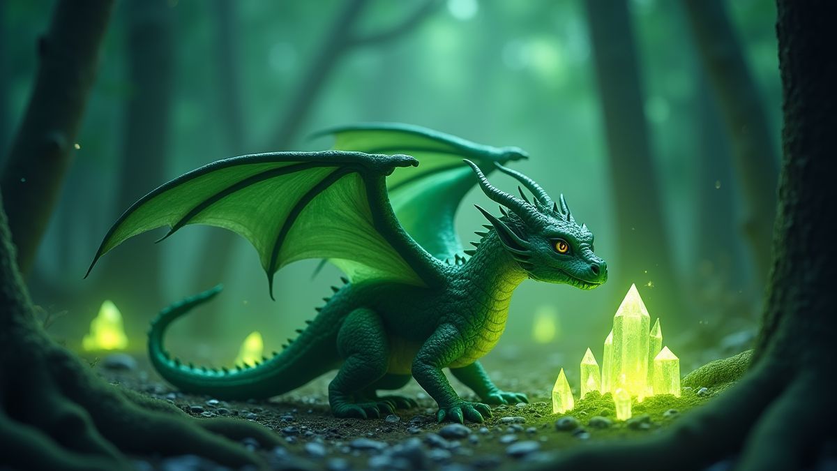 Green dragon surrounded by glowing crystals in a mystical forest.