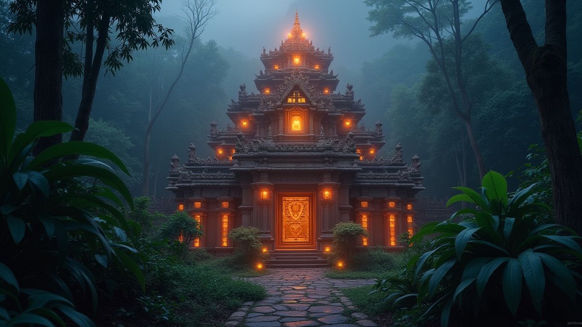Ancient temple illuminated with mystical lights surrounded by jungle.