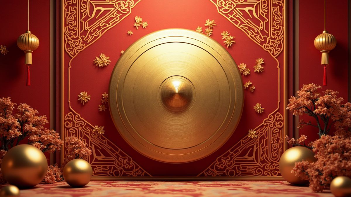 Un gong doré entouré de motifs traditionnels chinois.