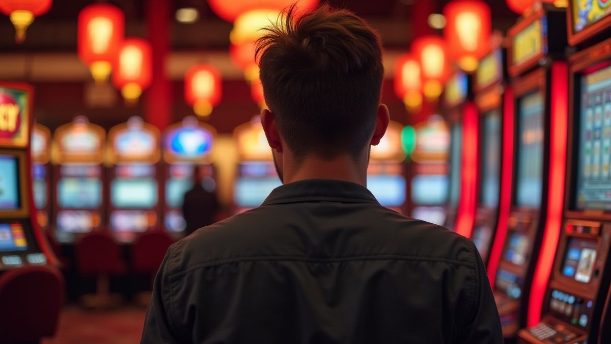 Un joueur frustré devant une machine à sous au design chinois.