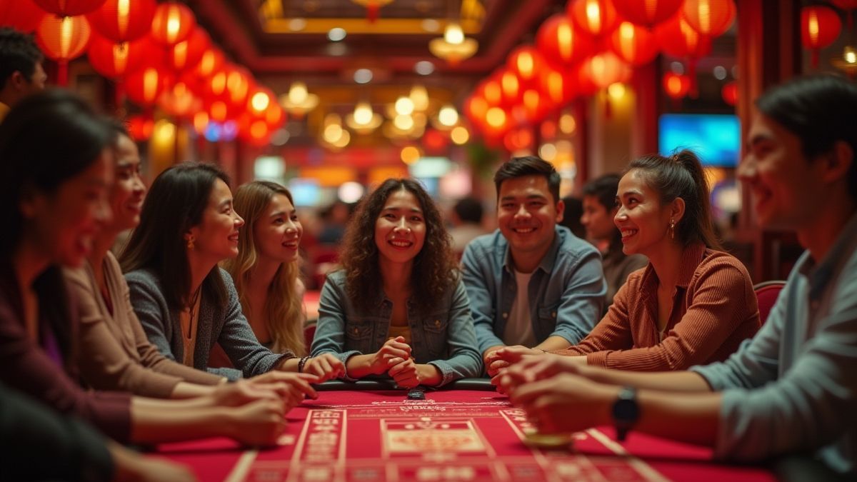 Un groupe de personnes profitant d'un environnement de casino avec une thématique d'Ancient Gong.