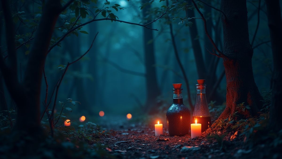 Un forêt sombre avec potions magiques et bougies brillantes