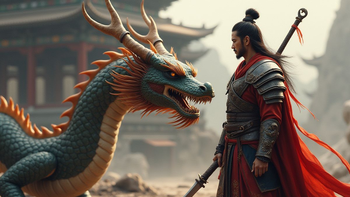 Un guerrero asiático junto a un dragón frente a un templo.