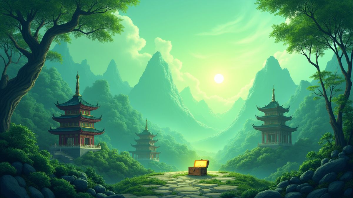 Paisaje verde con pagodas y un cofre del tesoro brillante.