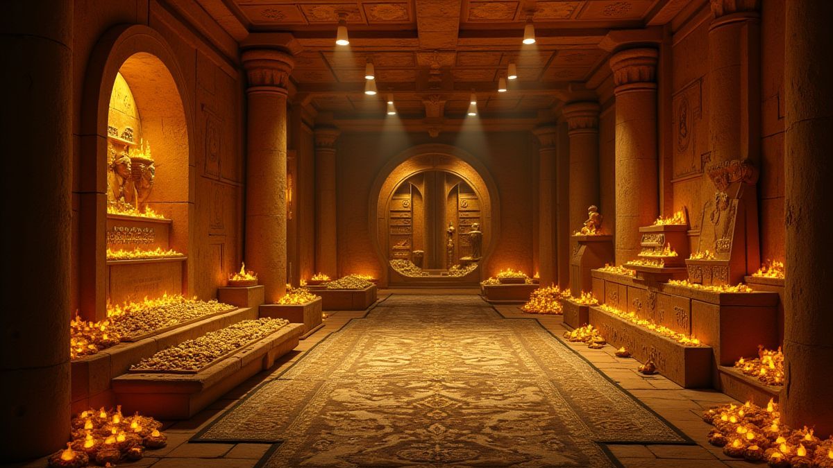 Room of ancient treasures with golden artifacts and glowing hieroglyphs.