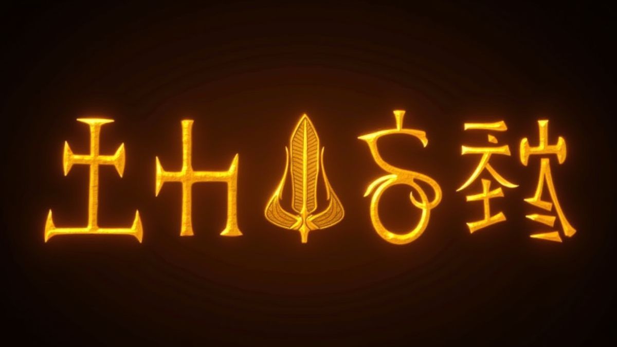 Golden hieroglyph symbols glowing against a dark background.