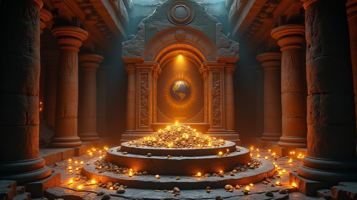 An ancient altar surrounded by glowing treasures and magical symbols.