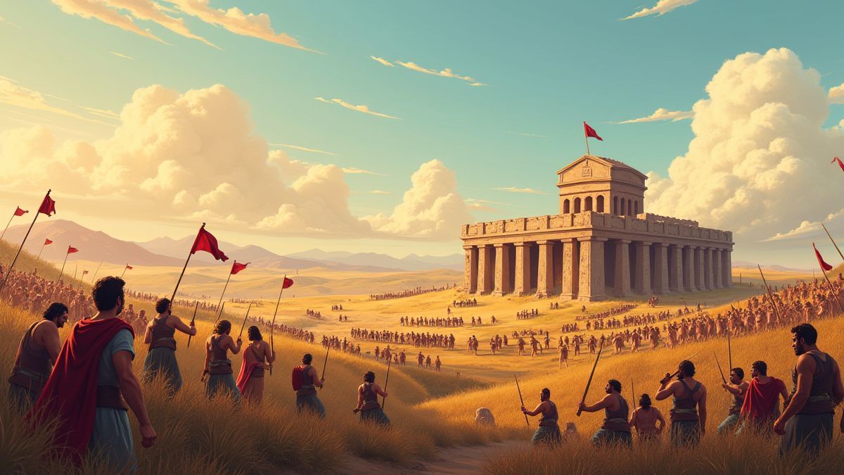 Champ de bataille grec avec le cheval de Troie en arrière-plan