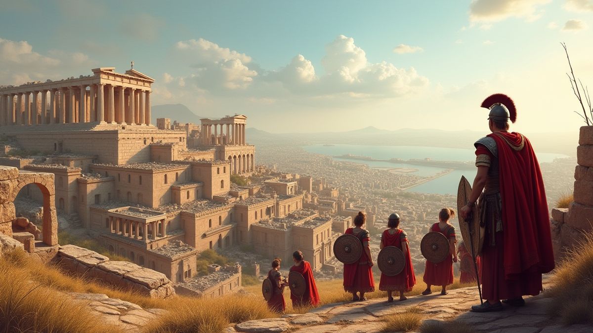Ville grecque ancienne avec des guerriers au premier plan