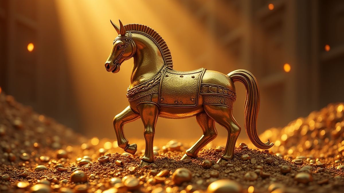 Cheval de Troie doré entouré de trésors