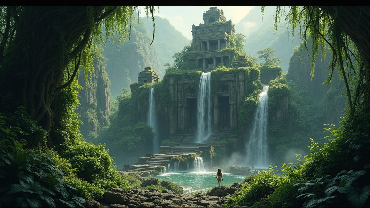 Alter Tempel im Dschungel mit Wasserfällen und Vegetation.