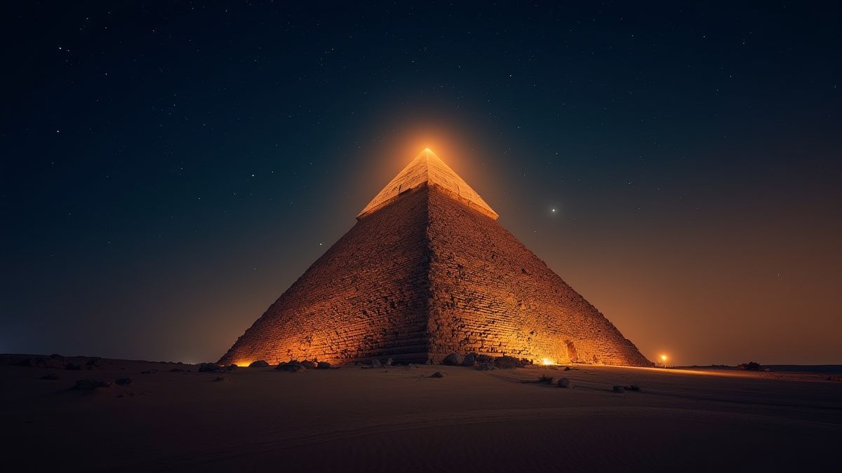 A Grande Pirâmide iluminada sob um céu estrelado.