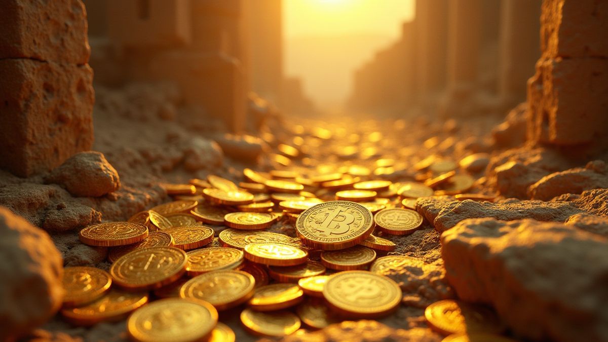 Moedas de ouro derramando-se sobre ruínas antigas.