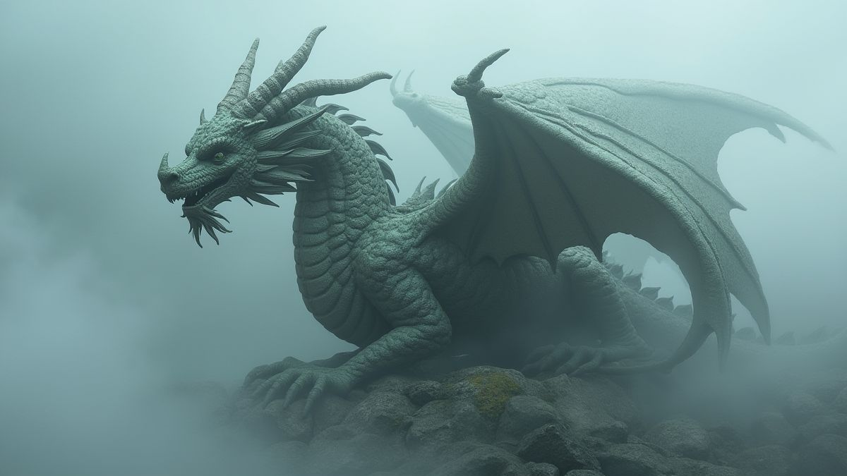 Un dragón tallado en piedra en un cielo oscuro.