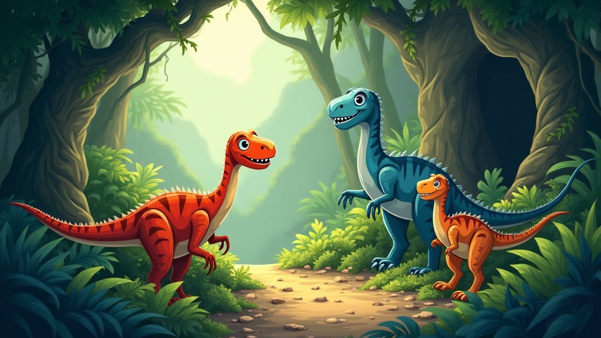 Uma floresta pré-histórica com dinossauros caricaturais e uma caverna.