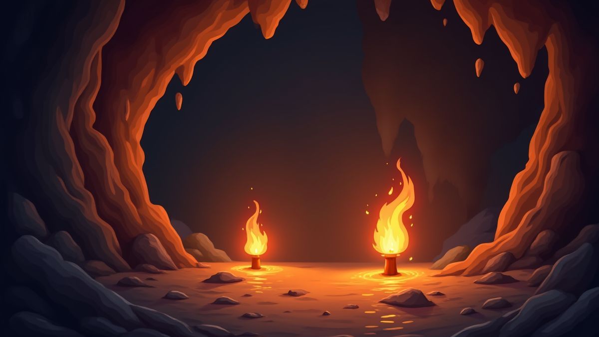 Tochas brilhantes em uma caverna pré-histórica.