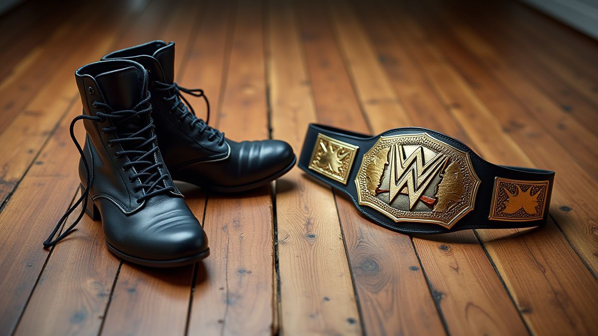Wrestling-Stiefel und Meisterschaftsgürtel auf einem Holzboden.
