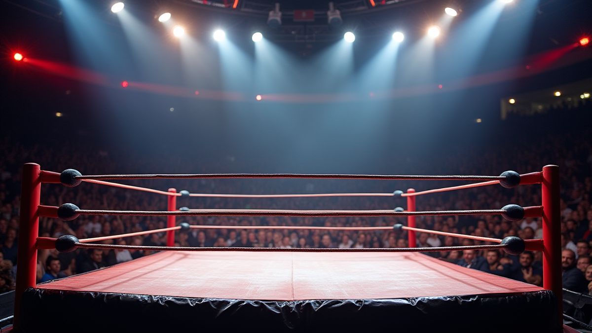 Wrestling-Ring mit grellen Lichtern und jubelndem Publikum.