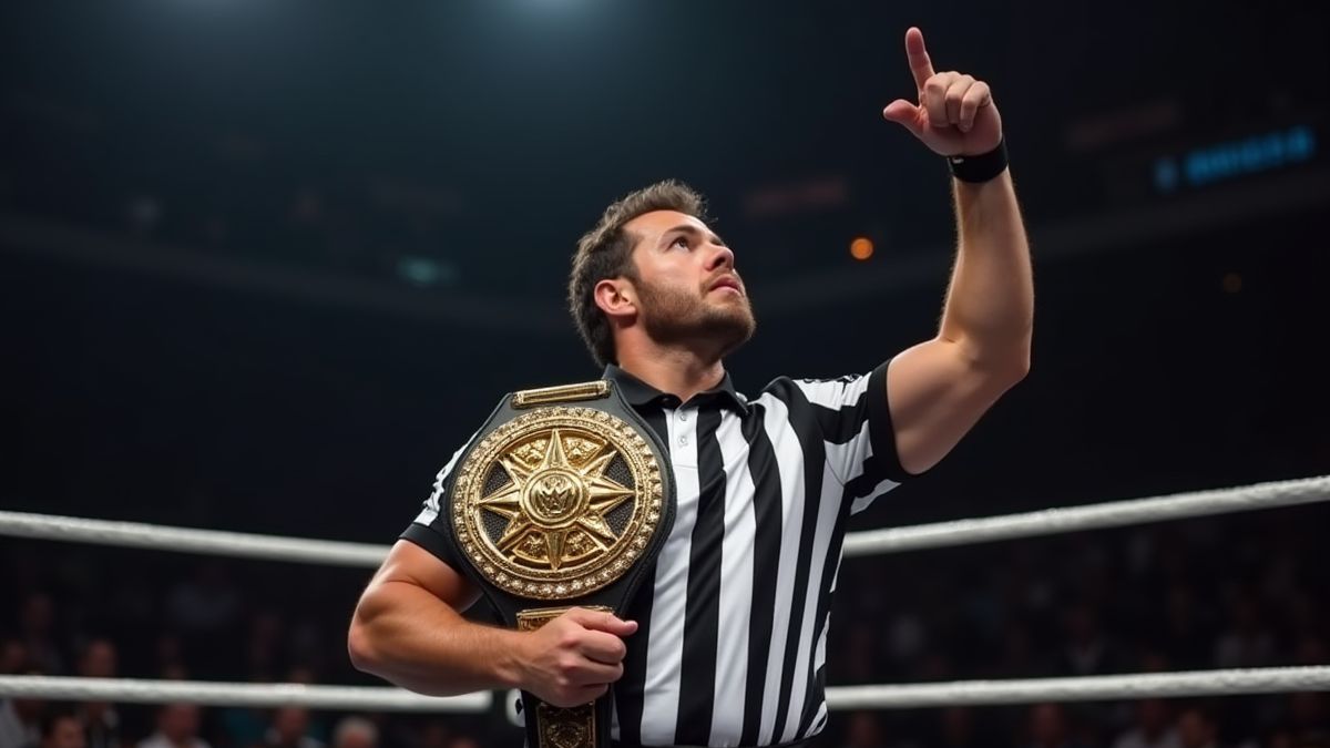 Schiedsrichter, der einen Meisterschaftsgürtel in einem Wrestling-Ring hält.
